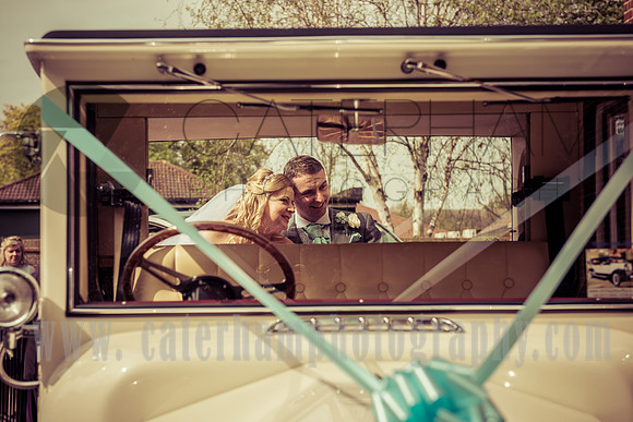Surrey wedding photographer vintage wedding bride and groom in vintage car