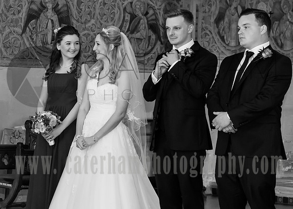 sacred heart church caterham / The wedding couple with Braidsmaid and Grooms-maid