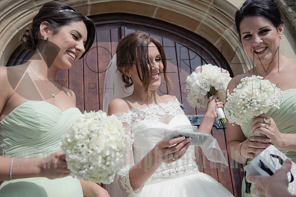best wishes from wedding guest / The Bride and the Bridesmaids holding bouquets and smiling